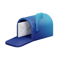 Blue mailbox with a letter inside, 3D rendering of postal service and communication, delivering mail, sending correspondence, modern design for marketing