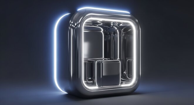Modern chrome structure with neon lighting offers a sleek, futuristic vibe perfect for technology, innovation, or product showcases in a cutting edge design