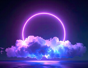 A glowing purple neon ring rises from clouds over reflective water at night