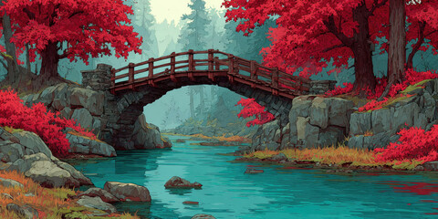 Stone bridge over blue river with red autumn trees and rocks