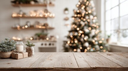 christmas background with festive lights, table with copy space and decorated christmas tree