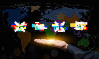 Multilateralism and balance of power in international diplomacy, showing a glowing hand beneath connected country flags over a world map symbolizing global cooperation.