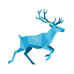 Blue geometric reindeer running, low poly illustration