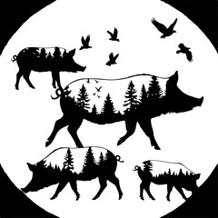 Wild Boar Family Forest Silhouette