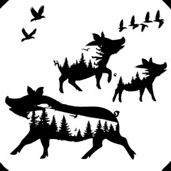 Wild Boar Family Forest Silhouette