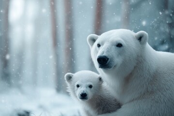Fototapeta premium polar bear and baby bear in the winter forest