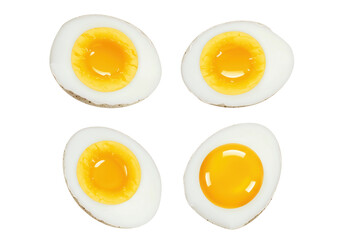 Isolated halved hard boiled eggs, fresh food ingredient for healthy diet, food styling