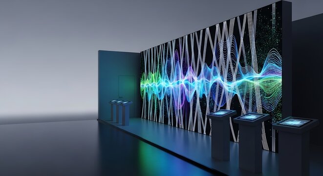 Modern display with vibrant sound wave art, perfect for tech events or futuristic presentations, conveying innovation and cutting edge design solutions