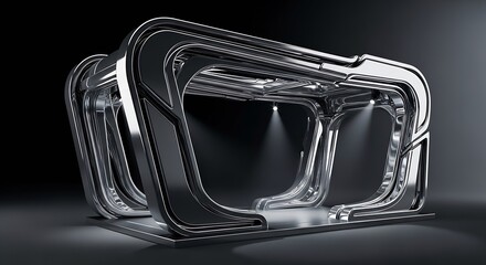 Modern chrome structure with dramatic lighting creates a futuristic stage or gateway, perfect for technology branding or cutting edge design concepts