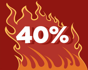 “40% OFF” flaming text with glowing orange flames and rising smoke, high-quality hot sale vector banner.