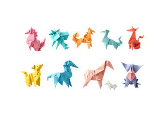 Obraz premium colorful origami animals, folded paper art, minimal shadow, cris