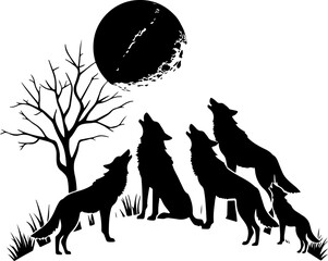 Wolf Pack Howling at the Full Moon Silhouette"