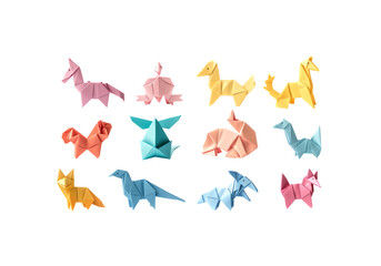 colorful origami animals, folded paper art, minimal shadow, cris
