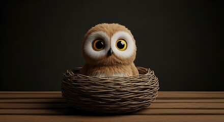 Obraz premium A cute, fluffy baby owl with big eyes sits in a woven nest on a wooden surface.