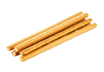 Isolated salty pretzel sticks, crispy breadsticks with sea salt, a bundle of salted sticks