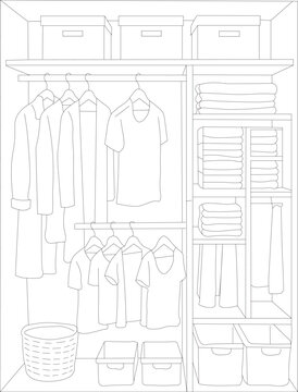 Wardrobe composition - folder clothes, boxes, hangers, and storage elements in line art style.