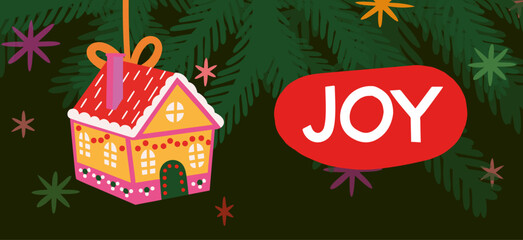 Merry Christmas and Happy New Year greeting card or banner. Modern beautiful Xmas design with typography, Christmas tree branches, balls and toys. Art poster, cover, decor templates	
