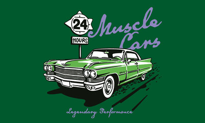 Vintage illustration of a classic green muscle car. Legendary Performance artwork for automotive t shirt print, sticker