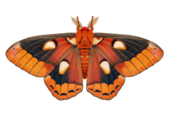 Isolated colorful regal moth wings wide open vibrant pattern fuzzy insect on display
