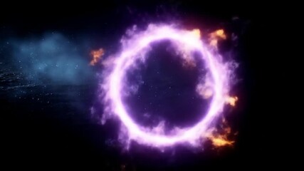 Vibrant glowing purple energy ring with fire effects, abstract cosmic portal or wormhole on a dark background - Powered by Adobe