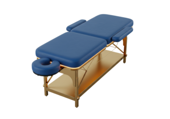 Isolated modern blue massage bed with a face cradle and armrests on a gold frame