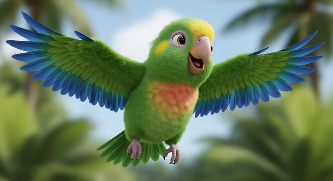 A vibrant animated parrot with green feathers, blue wingtips, and a yellow head, flying with open wings.