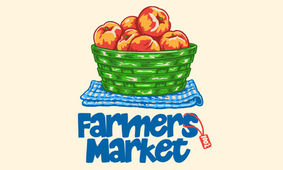 Retro artwork of a basket of fresh peaches. Vintage farmers market illustration for t shirt print, poster © Irfan