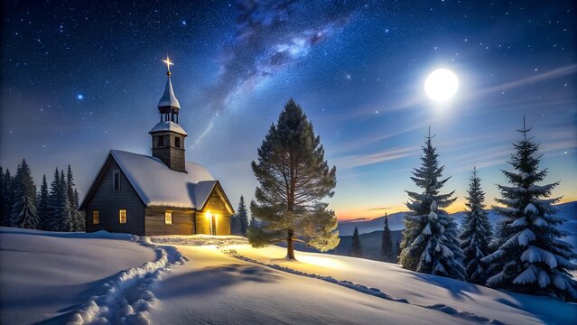 Photo of snowy mountain landscape at night with a charming church, illuminated path, and a bright full moon under a starry sky with the milky way - Powered by Adobe