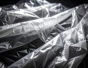 Crumpled, reflective plastic sheeting creating abstract folds and textures