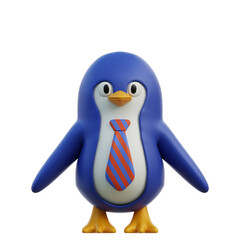 Cartoon Penguin Character Wearing a Blue and Red Striped Necktie Standing Against a Black Background Studio Portrait