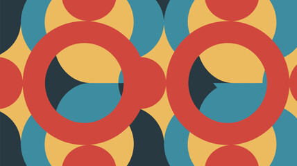 Retro circles pattern with red rings overlapping blue yellow and dark blue semicircles background design
