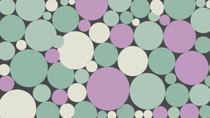 An abstract background with overlapping circles in shades of green purple and off white on dark gray