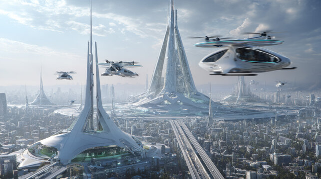 Futuristic drone delivery in urban airspace, multiple autonomous drones carrying packages among skyscrapers, bright morning light, smart city background, concept of low-altitude economy and aerial log