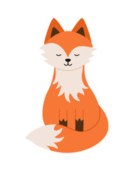 Cute cartoon fox cub is sitting dreams with his eyes closed. Vector illustration Isolated on a white background.
