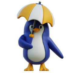 Cute Cartoon Penguin Character Holding an Open Yellow and White Umbrella Overhead on Transparent Background