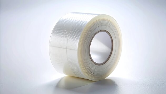 A roll of transparent, fiber-reinforced strapping tape on a clean background