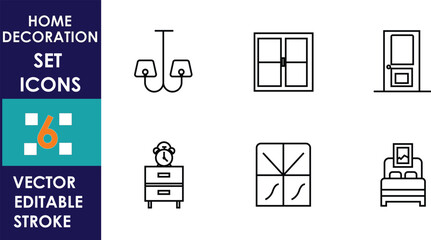 Minimalist home decoration icon set featuring chandelier, window, door, bedside table, clock, mirror, and bed. Clean editable stroke vector design for modern interiors