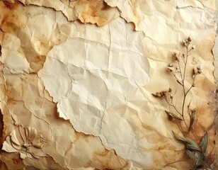 Aged, crumpled paper background with torn edges and dried botanicals