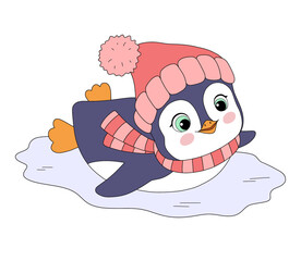 Cute happy penguin on ice, baby animal in red hat and scarf, winter activity, flat illustration of penguin for kids