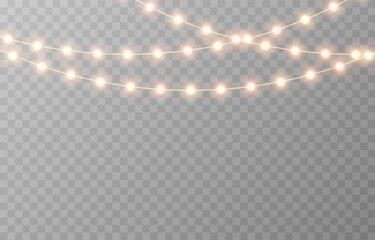 Christmas garland png. Bright Christmas golden lights. Christmas decoration for holiday design.