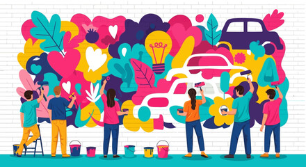 Team Painting Vibrant Street Art Graffiti on Brick Wall © Tharusha