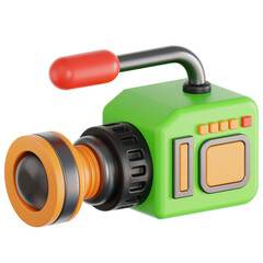 Green 3D Rendered Video Camera with Orange Lens and Red Handle on Transparent Background