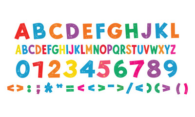 Colorful math and alphabet vector set featuring addition, subtraction, multiplication, and division signs along with bold, playful letters and numbers. Perfect for educational materials