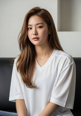 Fototapeta premium Portrait of a beautiful young East Asian woman with long wavy hair looking serene and calm