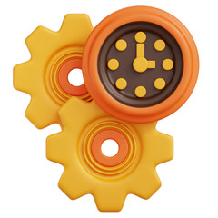 3D Rendering Of Yellow And Orange Gears Interlocking With A Round Clock Face Symbolizing Work Time And Productivity With A Transparent Background