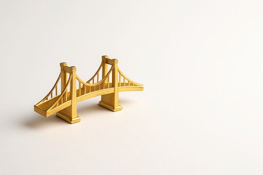 Golden bridge miniature on clean white background with soft lighting and space for text concept of connection partnership business collaboration and trust