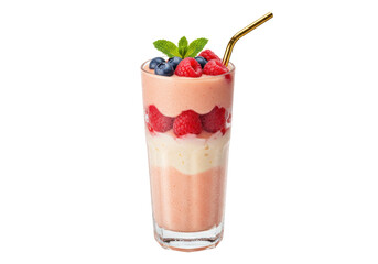 Isolated Fruit Smoothie Drink With Straw, Raspberries and Blueberries in a Clear Glass Cup