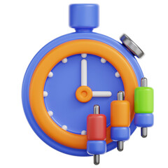 3D Stopwatch With Candlestick Chart Elements Indicating Financial Trading And Time Management In Vibrant Blue And Orange Colors On Transparent Background