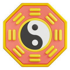 Octagonal Red And Yellow Symbol With Yin Yang In The Center Featuring White And Black Colors And Yellow Lines On A Transparent Background Representing Balance And Harmony