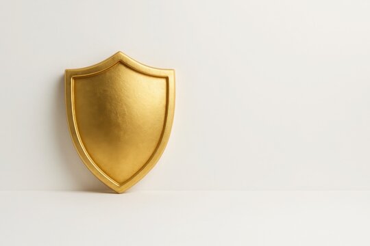 Golden shield on white background with soft lighting and clean space for text premium concept for protection security reliability and business trust